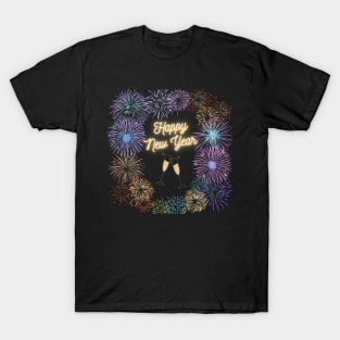 Happy New Year Fireworks and Champagne Flutes T-Shirt